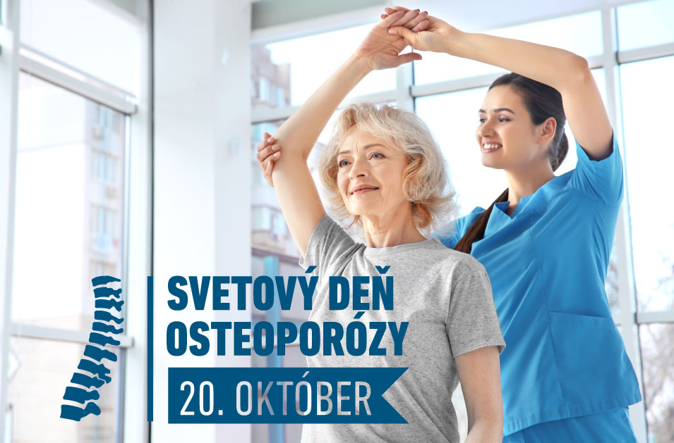 Fyzioterapeut cvičí s pacientom s osteoporózou počas Svetového dňa osteoporózy.